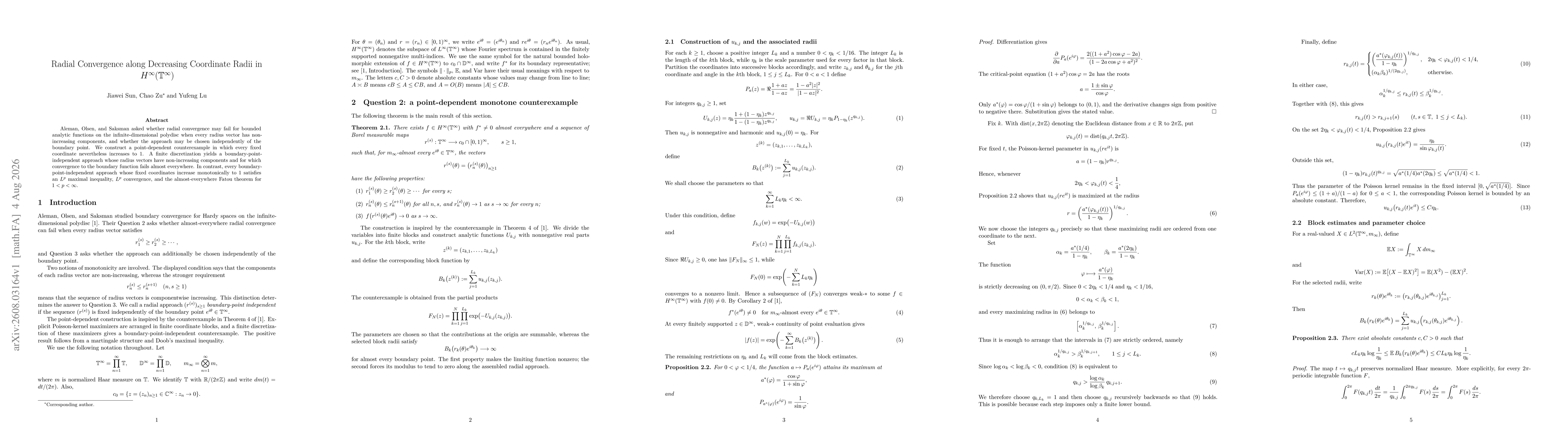 Thumbnail for Radial Convergence along Decreasing Coordinate Radii in \texorpdfstring{$H^\infty(\T^\infty)$}{H-infinity(T-infinity)}