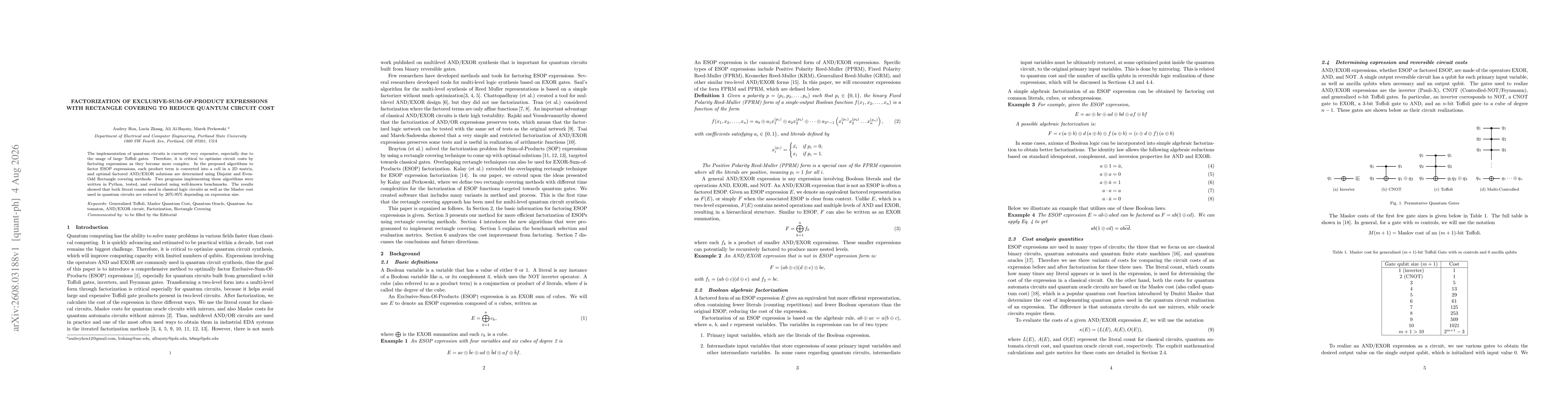 Thumbnail for Factorization of Exclusive-Sum-Of-Products Expressions with Rectangle Covering to Reduce Quantum Circuit Cost