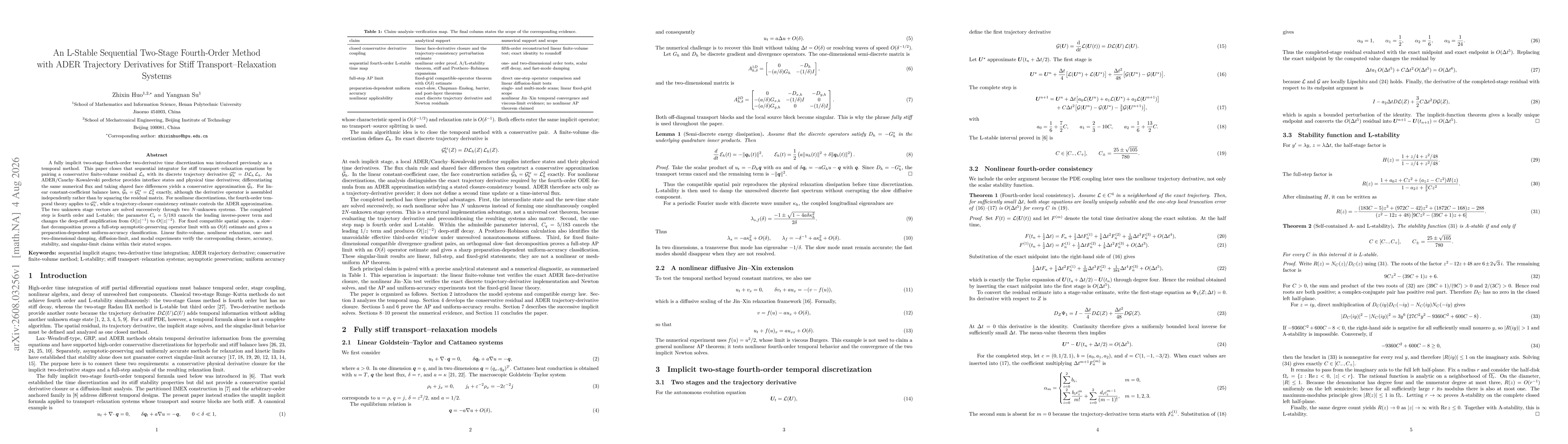 Thumbnail for An L-Stable Sequential Two-Stage Fourth-Order Method with ADER Trajectory Derivatives for Stiff Transport--Relaxation Systems