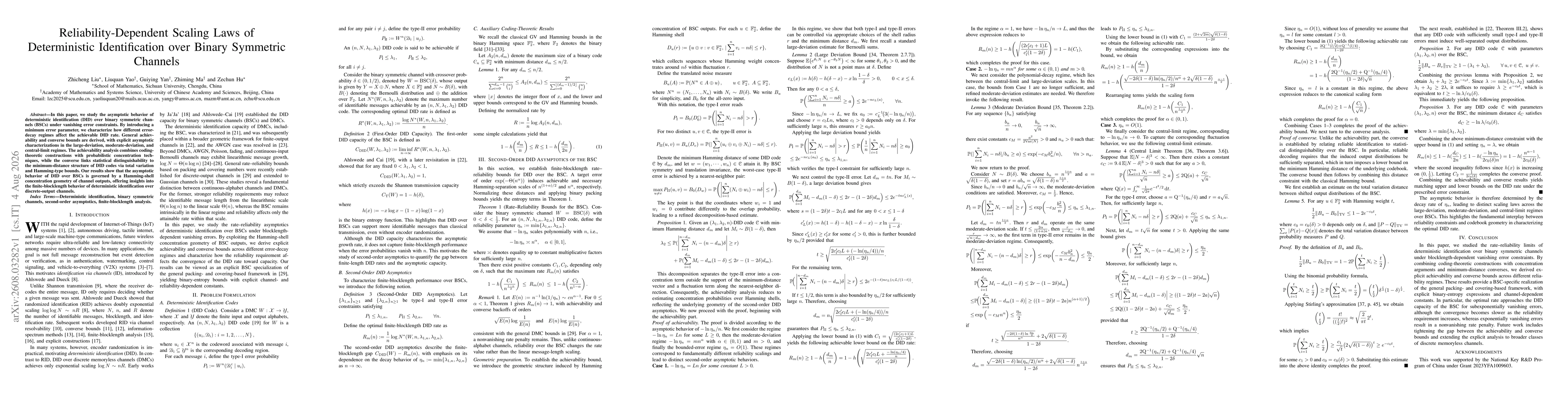 Thumbnail for Reliability-Dependent Scaling Laws of Deterministic Identification over Binary Symmetric Channels
