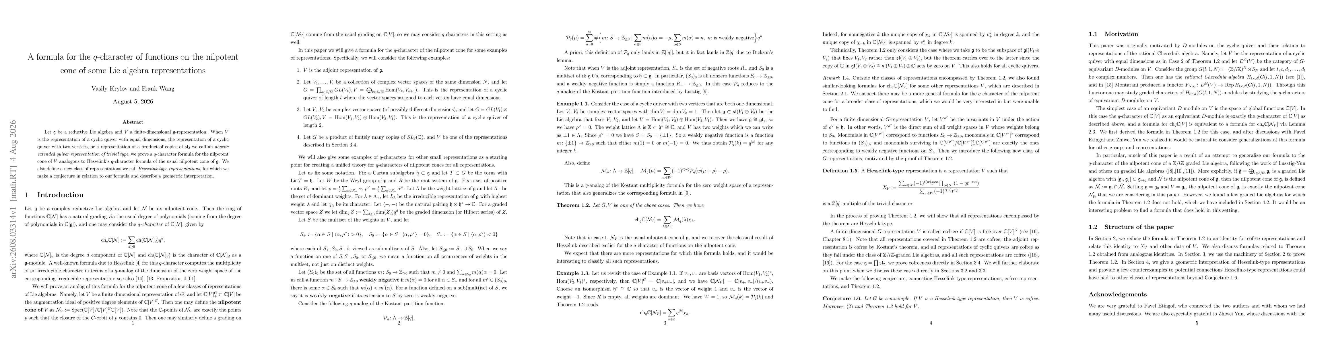 Thumbnail for A formula for the $q$-character of functions on the nilpotent cone of some Lie algebra representations