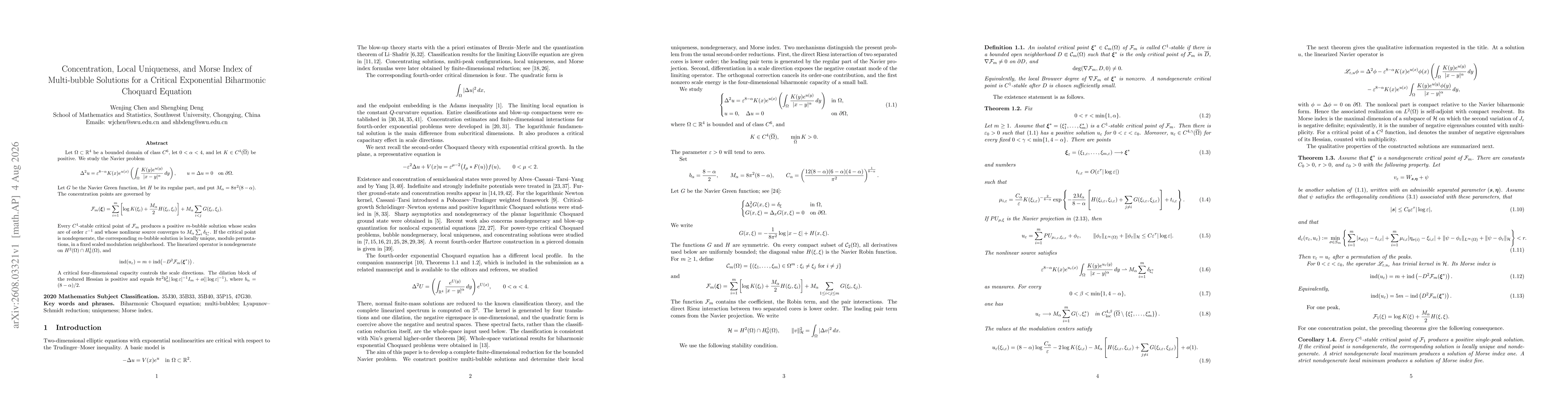 Thumbnail for Concentration, Local Uniqueness, and Morse Index of Multi-bubble Solutions for a Critical Exponential Biharmonic Choquard Equation