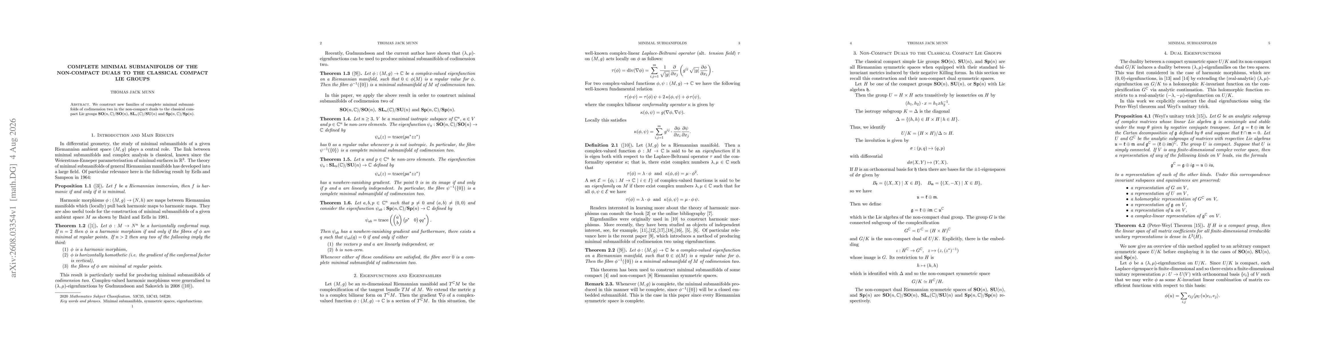 Thumbnail for Complete Minimal Submanifolds of the Non-Compact Duals to the Classical Compact Lie Groups
