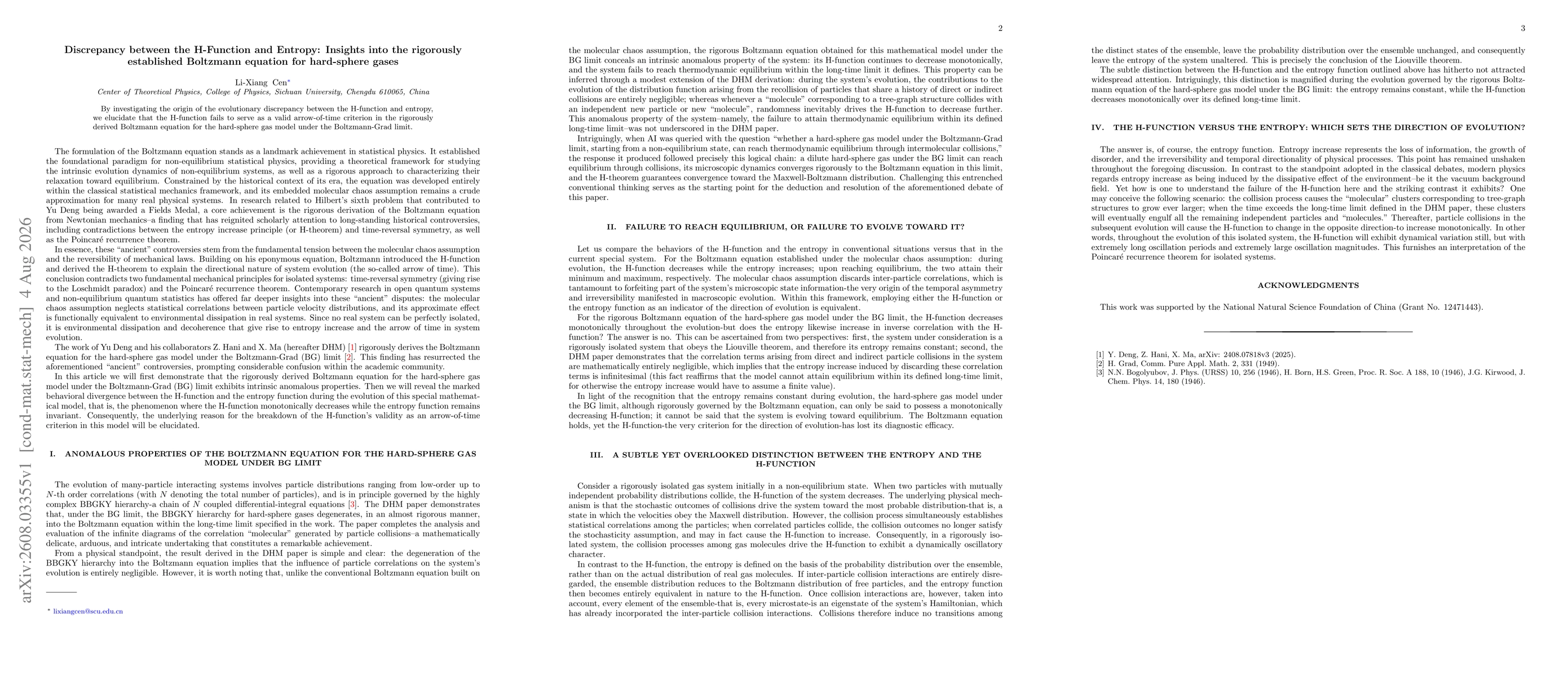 Thumbnail for Discrepancy between the H-Function and Entropy: Insights into the rigorously established Boltzmann equation for hard-sphere gases