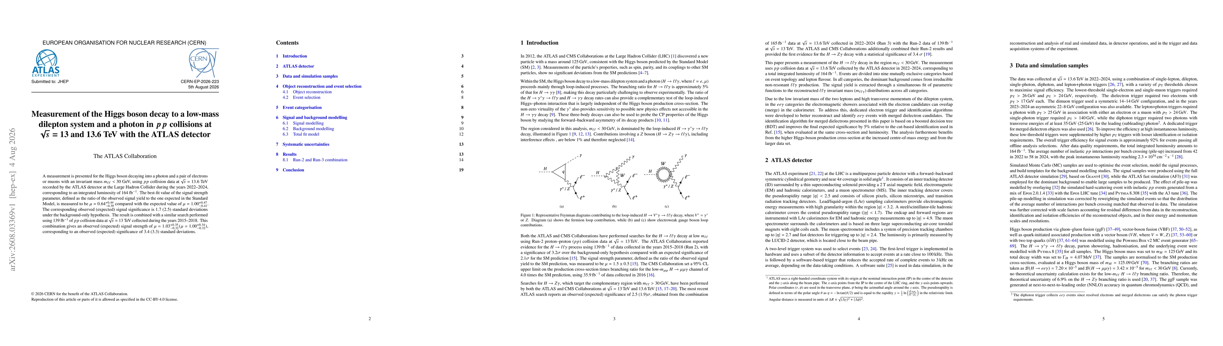 Thumbnail for Measurement of the Higgs boson decay to a low-mass dilepton system and a photon in $pp$ collisions at $\sqrt{s} =$ 13 and 13.6 TeV with the ATLAS detector