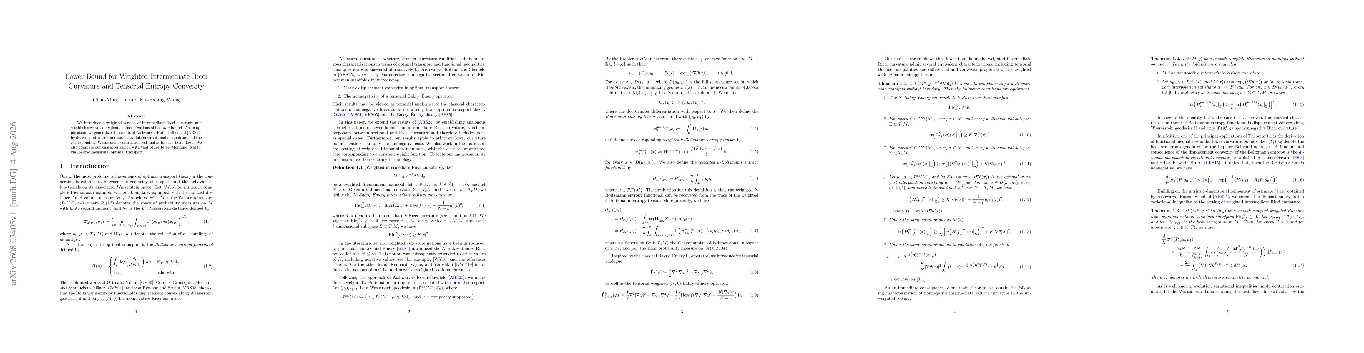 Thumbnail for Lower Bound for Weighted Intermediate Ricci Curvature and Tensorial Entropy Convexity