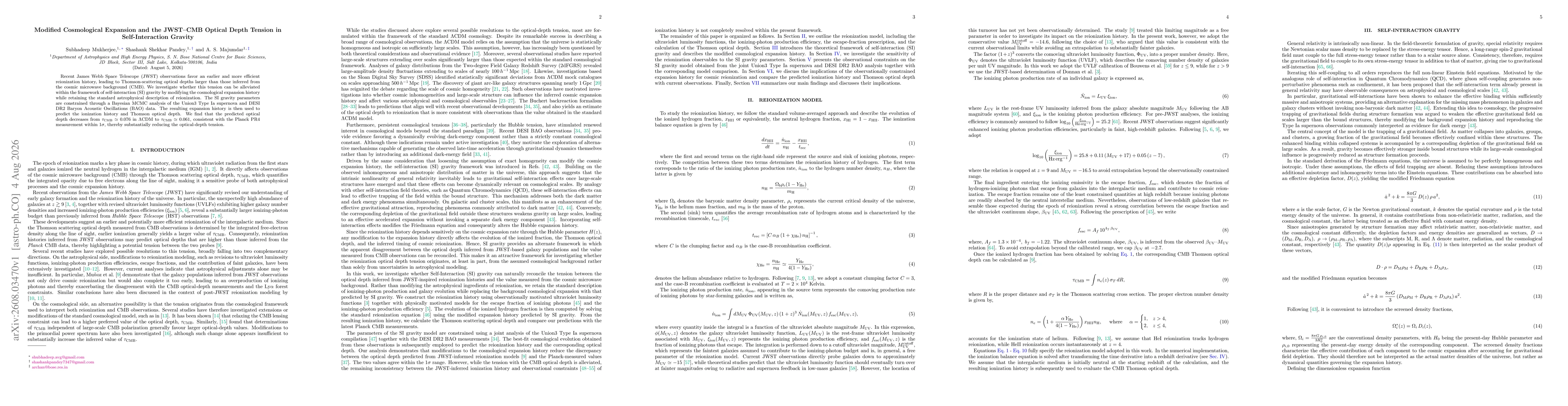 Thumbnail for Modified Cosmological Expansion and the JWST CMB Optical Depth Tension in Self Interaction Gravity