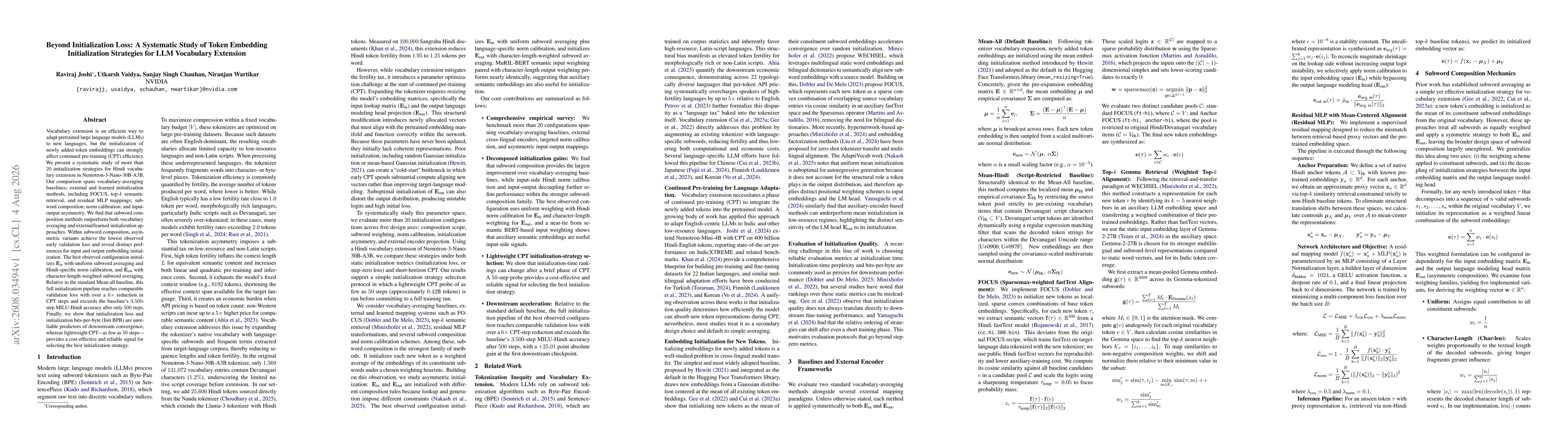 Thumbnail for Beyond Initialization Loss: A Systematic Study of Token Embedding Initialization Strategies for LLM Vocabulary Extension