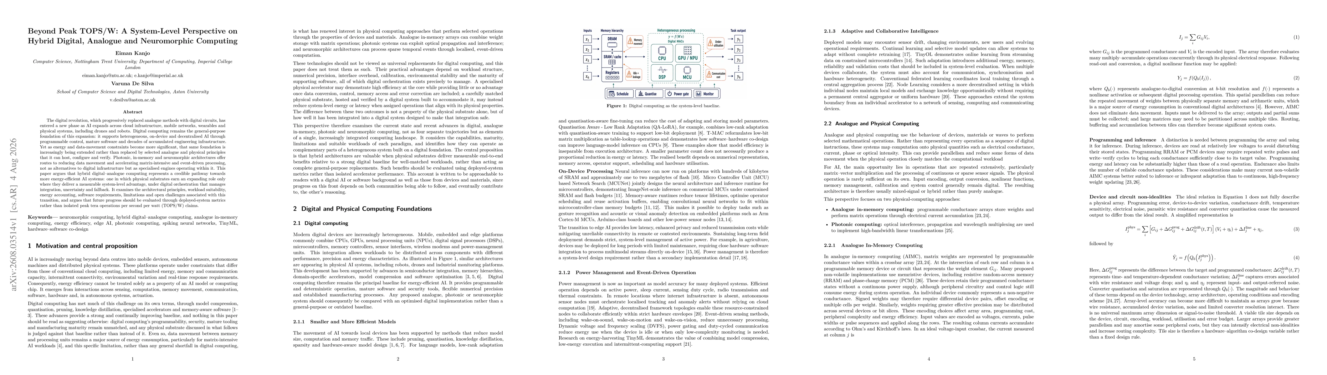 Thumbnail for Beyond Peak TOPS/W: A System-Level Perspective on Hybrid Digital, Analogue and Neuromorphic Computing
