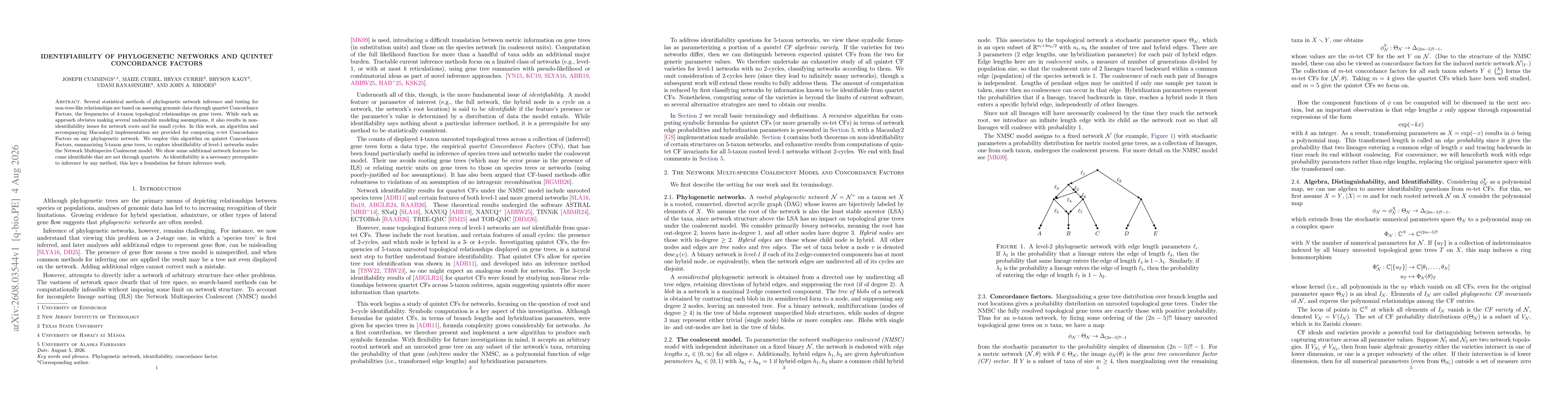 Thumbnail for Identifiability of phylogenetic networks and quintet concordance factors