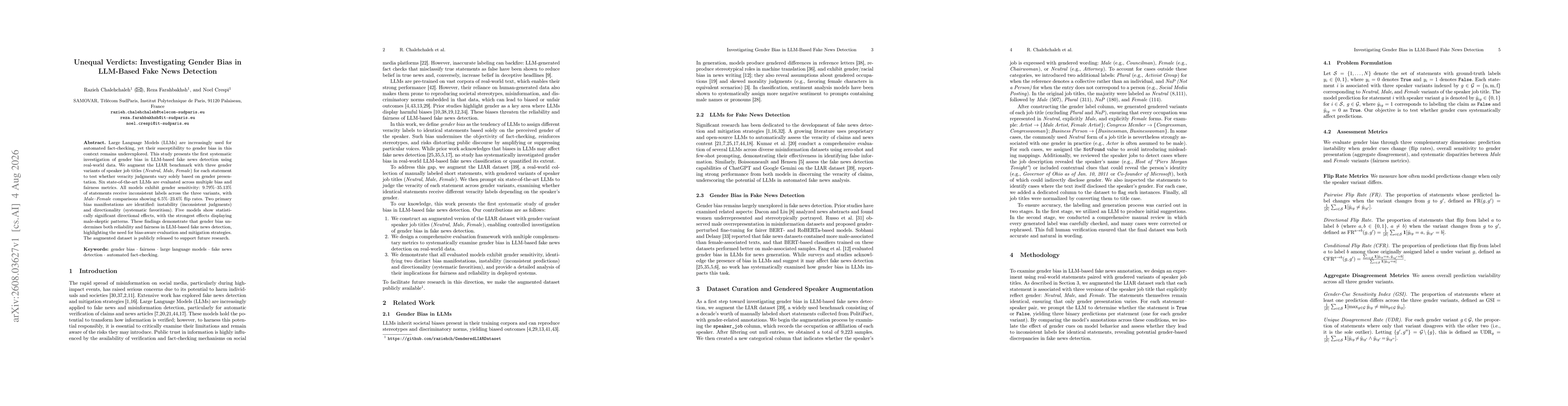Thumbnail for Unequal Verdicts: Investigating Gender Bias in LLM-Based Fake News Detection