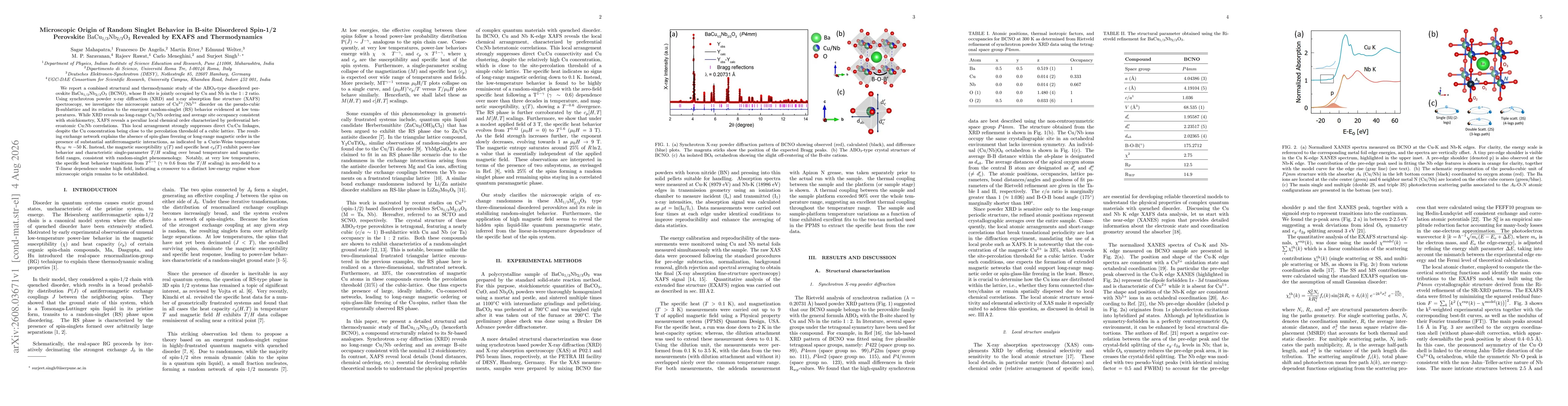 Thumbnail for Microscopic Origin of Random Singlet Behavior in B-site Disordered Spin-1/2 Perovskite BaCu_1/3Nb_2/3O_3 Revealed by EXAFS and Thermodynamics