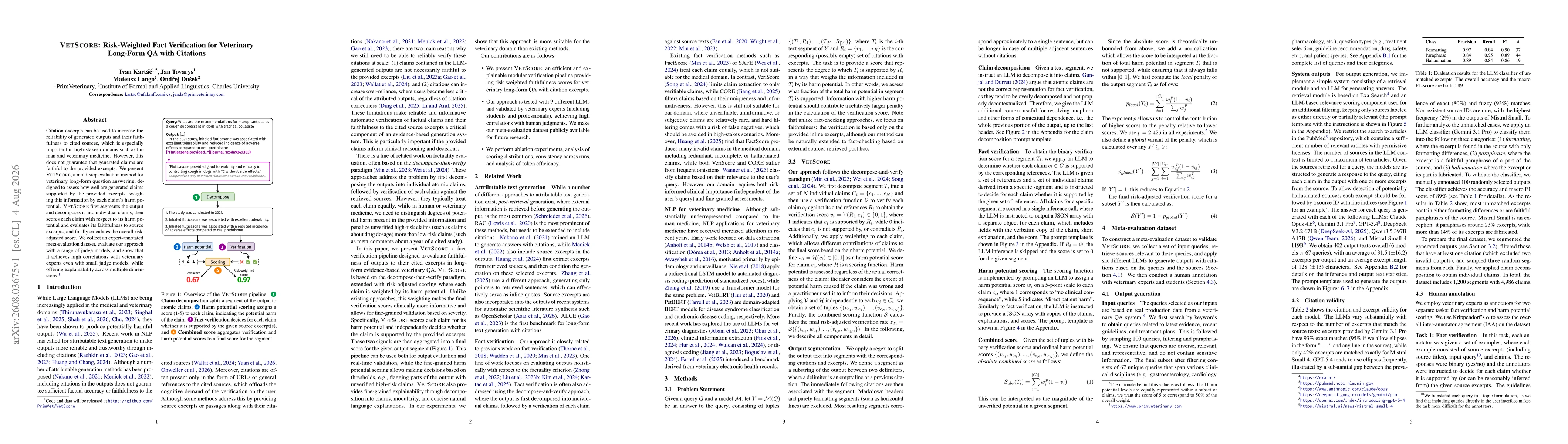 Thumbnail for VetScore: Risk-Weighted Fact Verification for Veterinary Long-Form QA with Citations