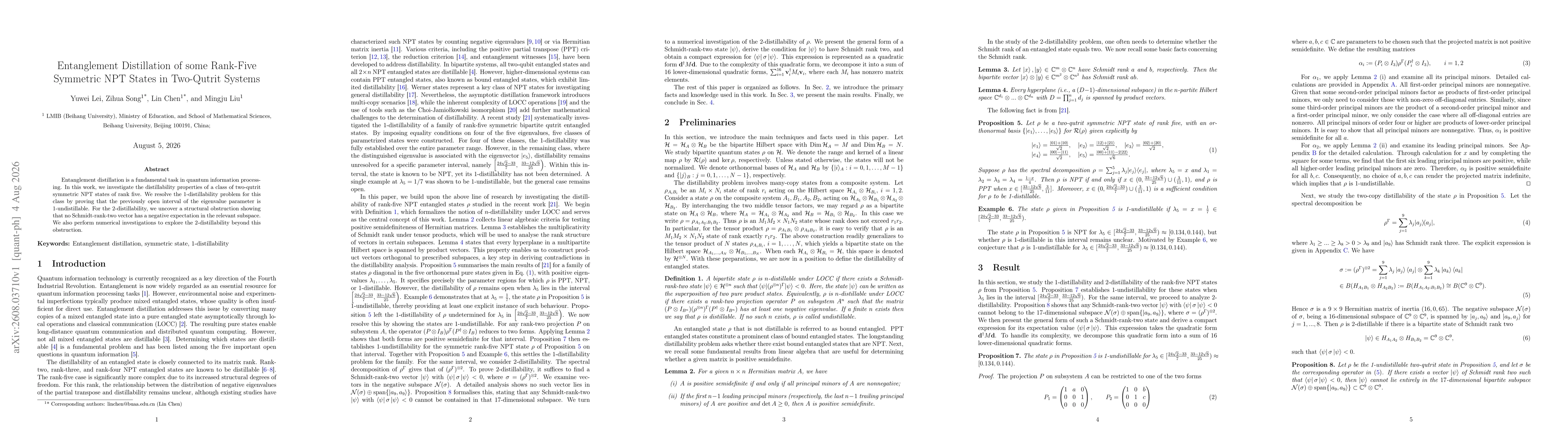 Thumbnail for Entanglement Distillation of some Rank-Five Symmetric NPT States in Two-Qutrit Systems