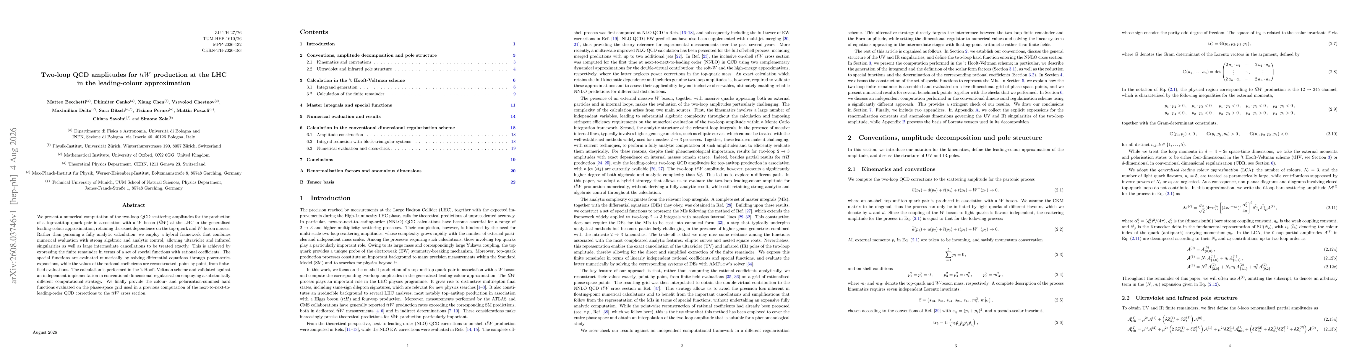 Thumbnail for Two-loop QCD amplitudes for $t\bar{t}W$ production at the LHC in the leading-colour approximation