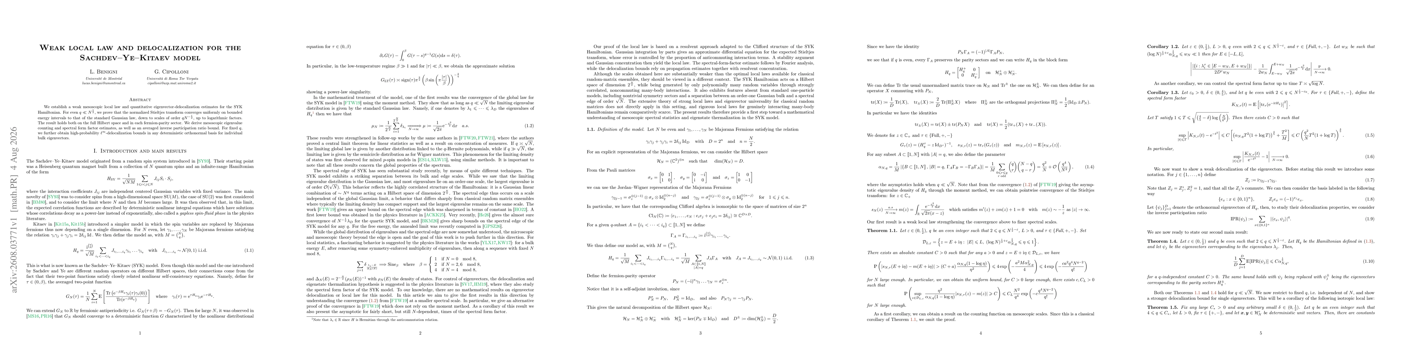 Thumbnail for Weak local law and delocalization for the Sachdev-Ye-Kitaev model