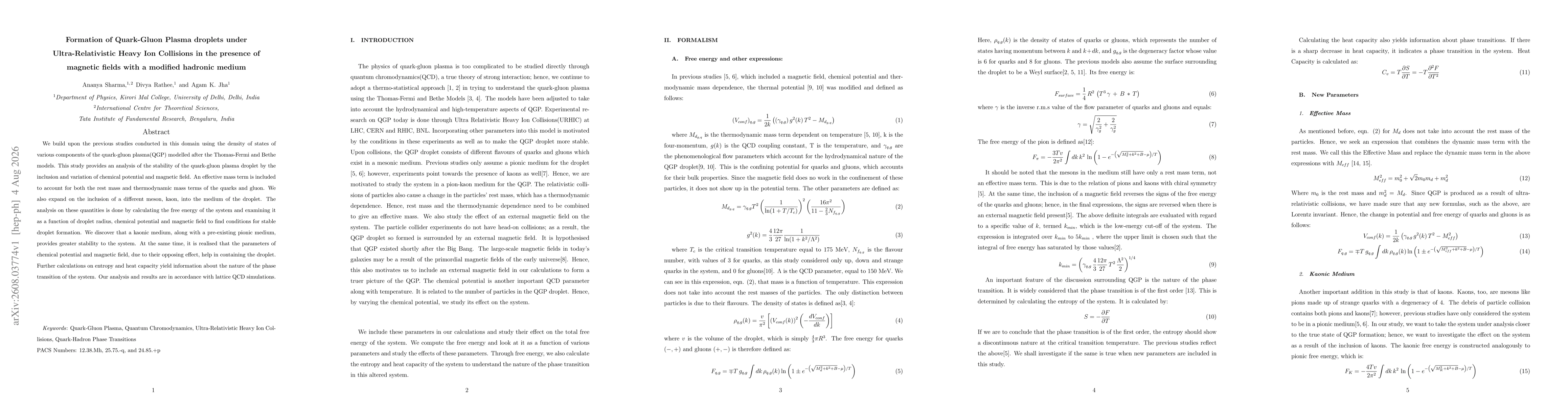 Thumbnail for Formation of Quark-Gluon Plasma droplets under Ultra-Relativistic Heavy Ion Collisions in the presence of magnetic fields with a modified hadronic medium
