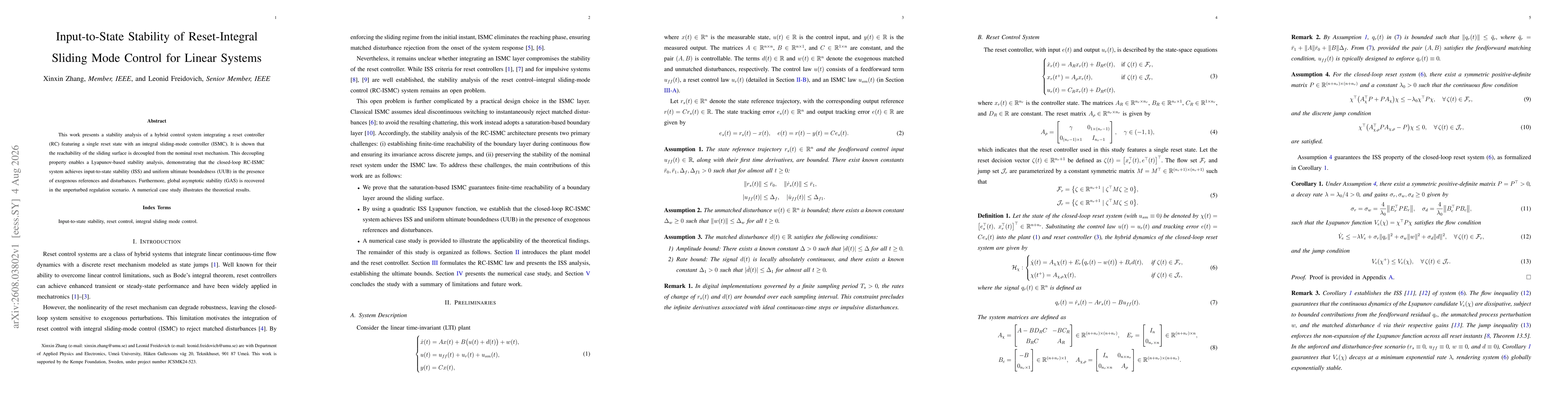 Thumbnail for Input-to-State Stability of Reset-Integral Sliding Mode Control for Linear Systems
