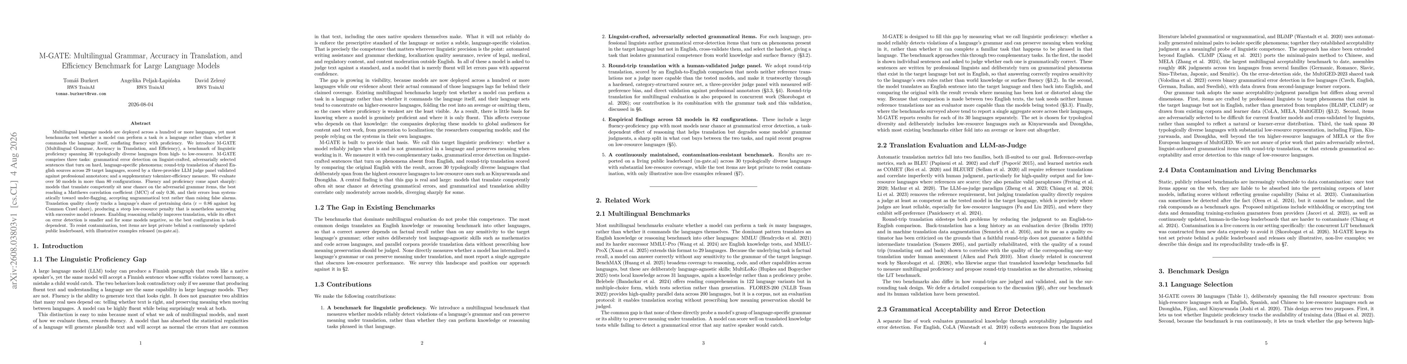 Thumbnail for M-GATE: Multilingual Grammar, Accuracy in Translation, and Efficiency Benchmark for Large Language Models
