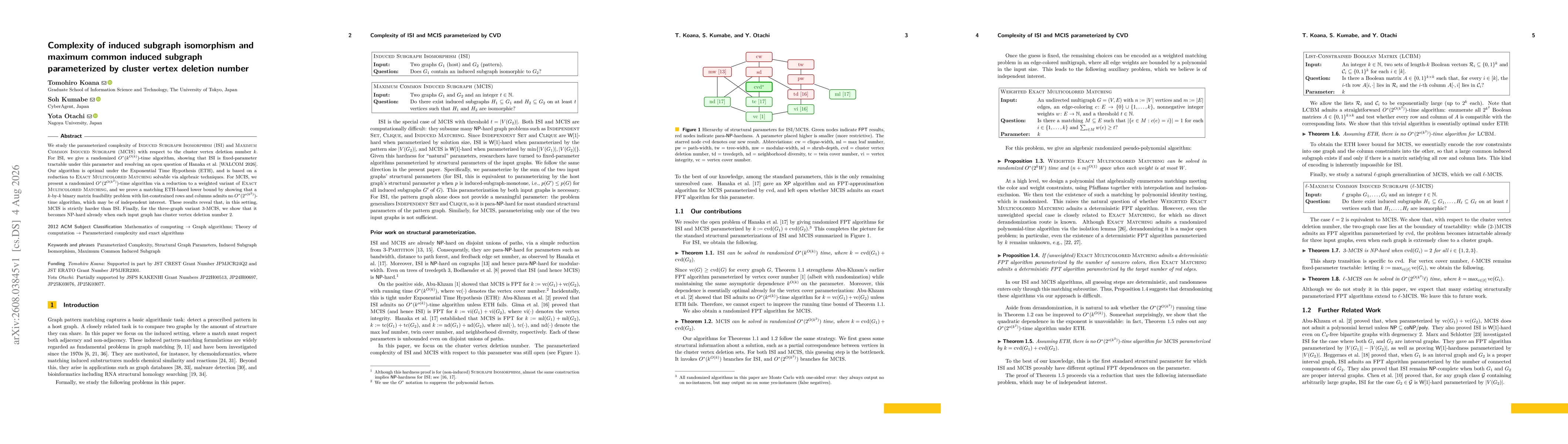 Thumbnail for Complexity of induced subgraph isomorphism and maximum common induced subgraph parameterized by cluster vertex deletion number