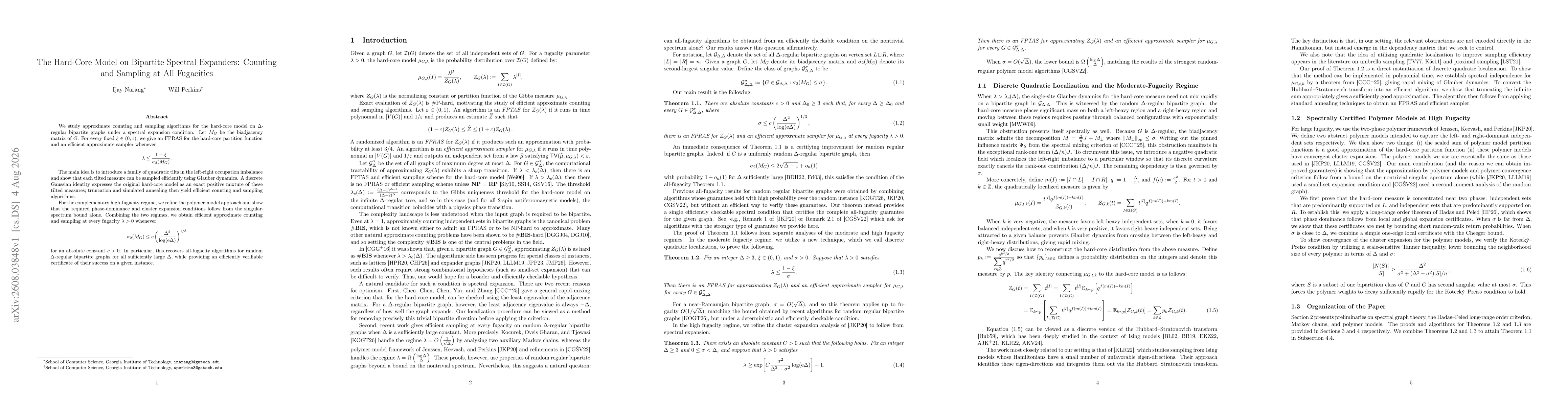 Thumbnail for The Hard-Core Model on Bipartite Spectral Expanders: Counting and Sampling at All Fugacities