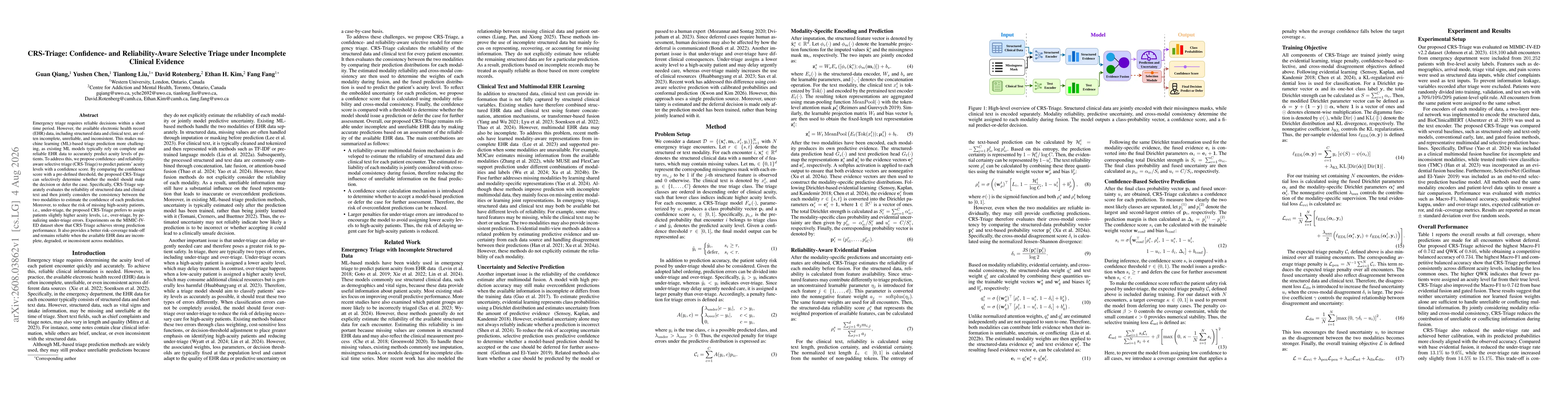 Thumbnail for CRS-Triage: Confidence- and Reliability-Aware Selective Triage under Incomplete Clinical Evidence