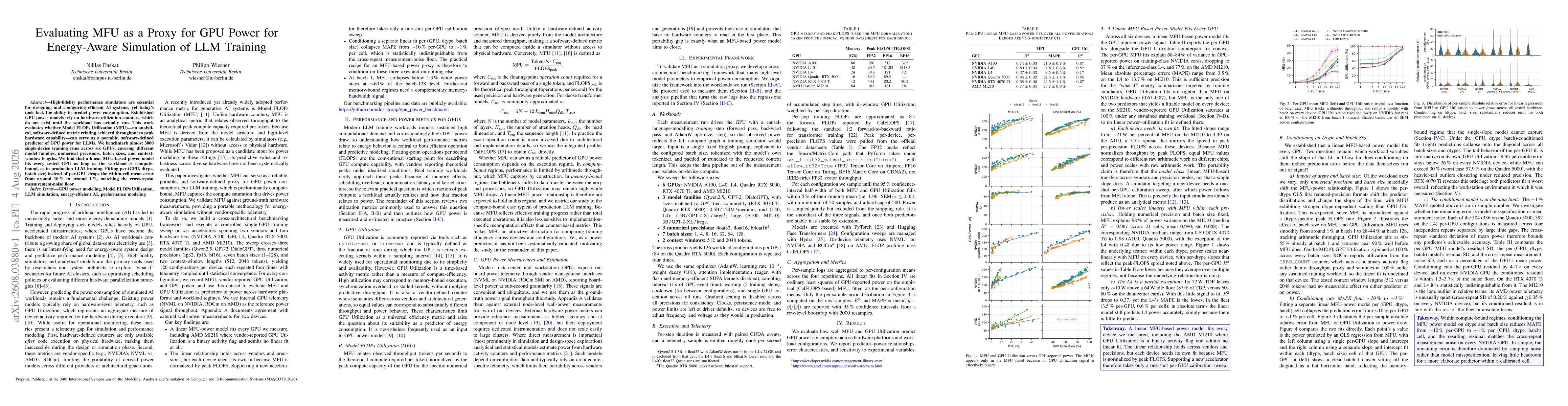 Thumbnail for Evaluating MFU as a Proxy for GPU Power for Energy-Aware Simulation of LLM Training