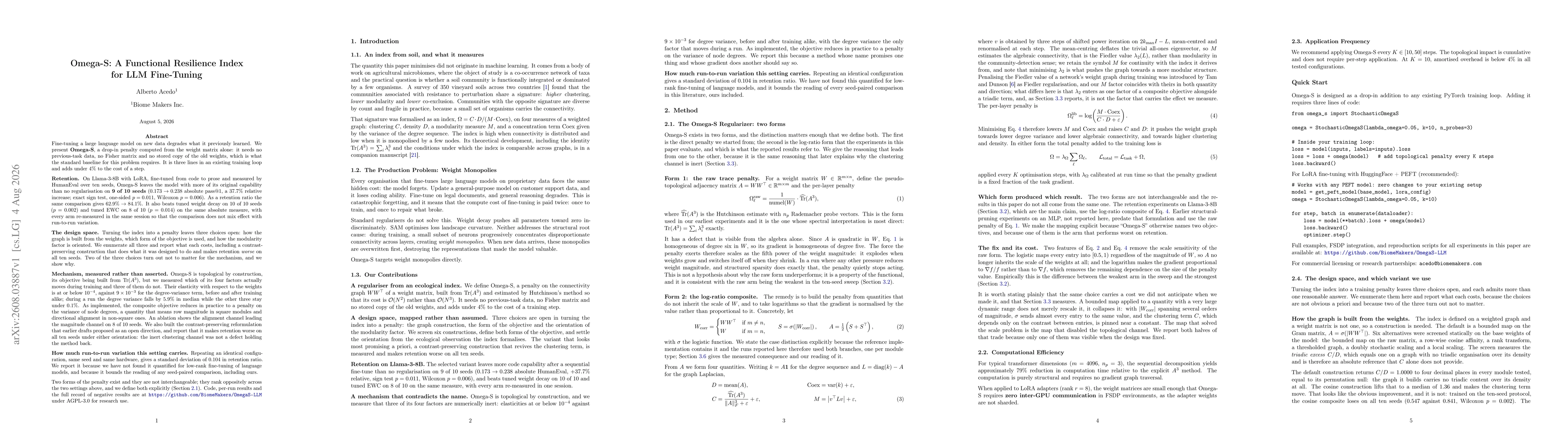 Thumbnail for Omega-S: A Functional Resilience Index for LLM Fine-Tuning