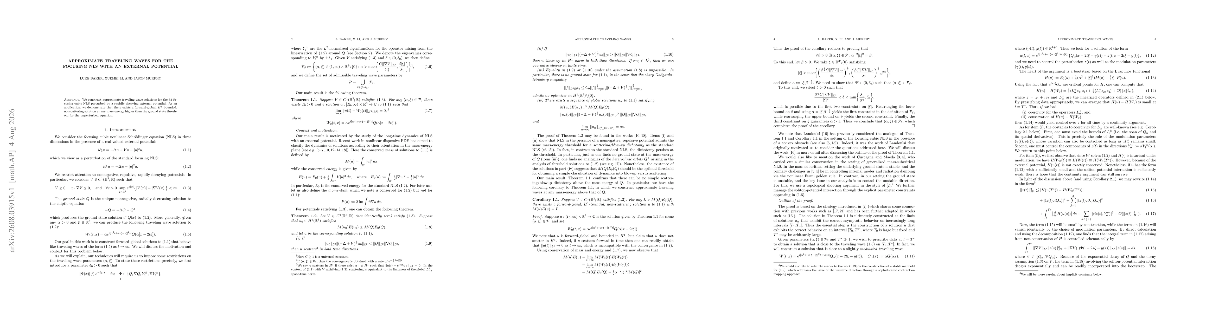 Thumbnail for Approximate traveling waves for the focusing NLS with an external potential