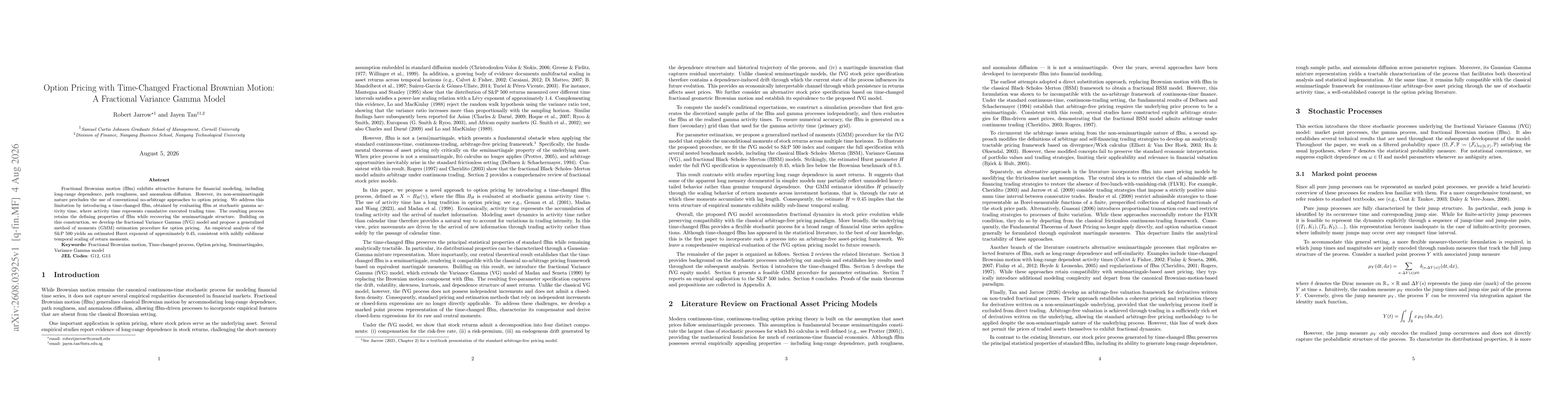 Thumbnail for Option Pricing with Time-Changed Fractional Brownian Motion: A Fractional Variance Gamma Model