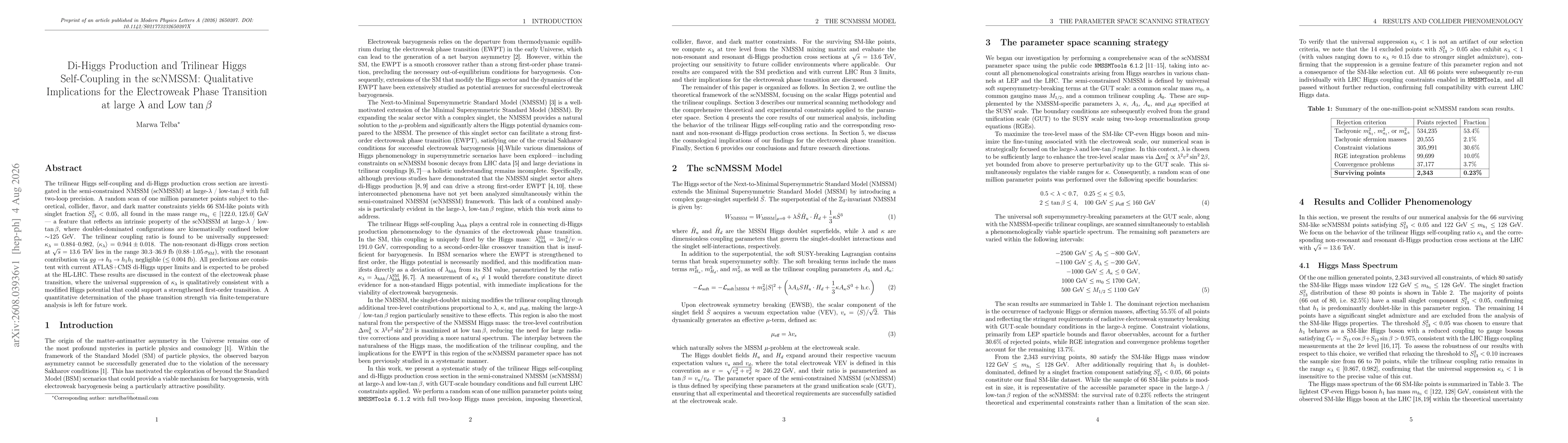 Thumbnail for Di-Higgs Production and Trilinear Higgs Self-Coupling in the scNMSSM: Qualitative Implications for the Electroweak Phase Transition at large λ and Low tan\b{eta}