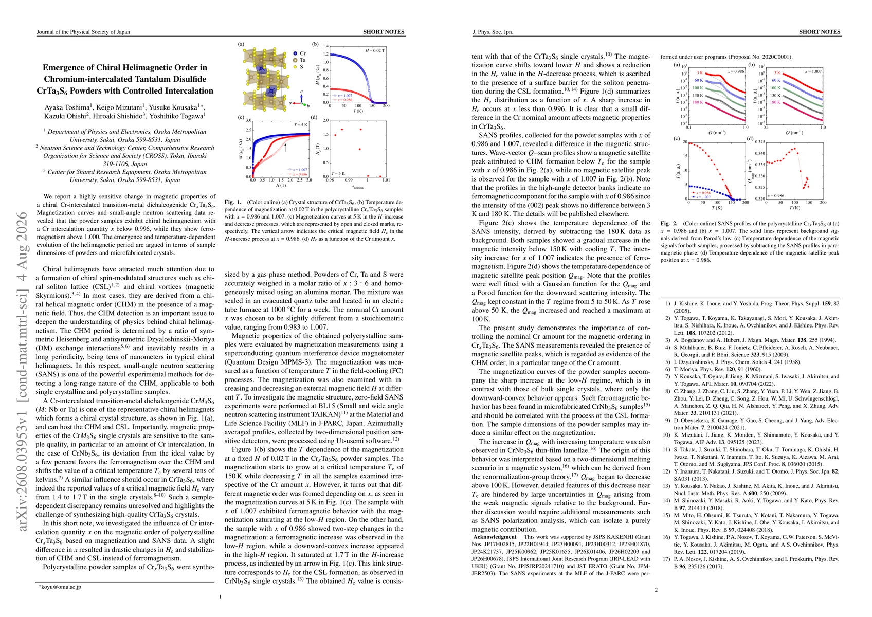 Thumbnail for Emergence of Chiral Helimagnetic Order in Chromium-intercalated Tantalum Disulfide CrTa$_3$S$_6$ Powders with Controlled Intercalation