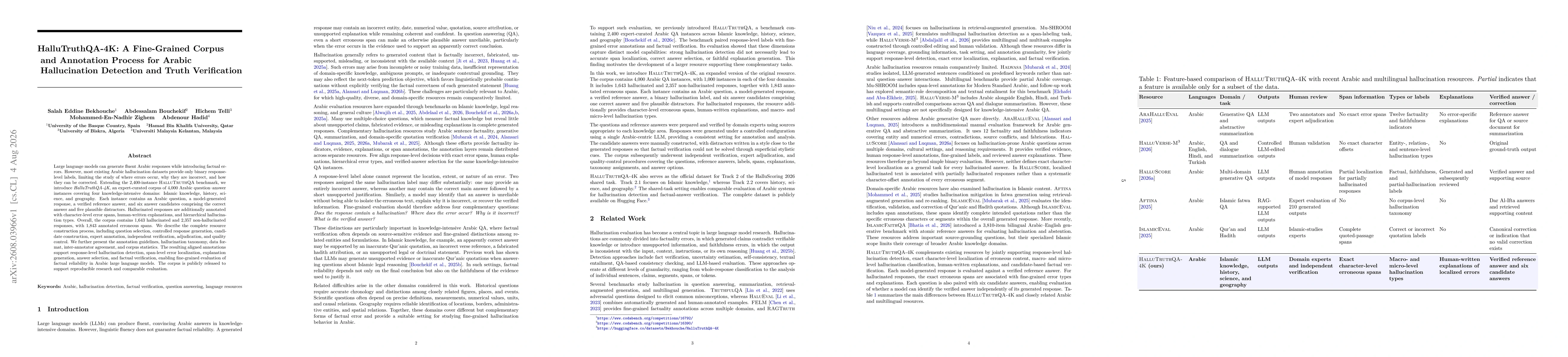 Thumbnail for HalluTruthQA-4K: A Fine-Grained Corpus and Annotation Process for Arabic Hallucination Detection and Truth Verification