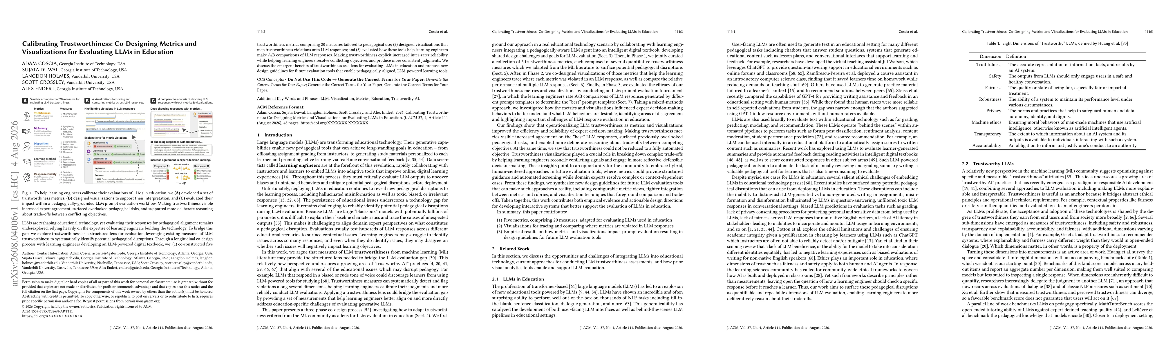 Thumbnail for Calibrating Trustworthiness: Co-Designing Metrics and Visualizations for Evaluating LLMs in Education