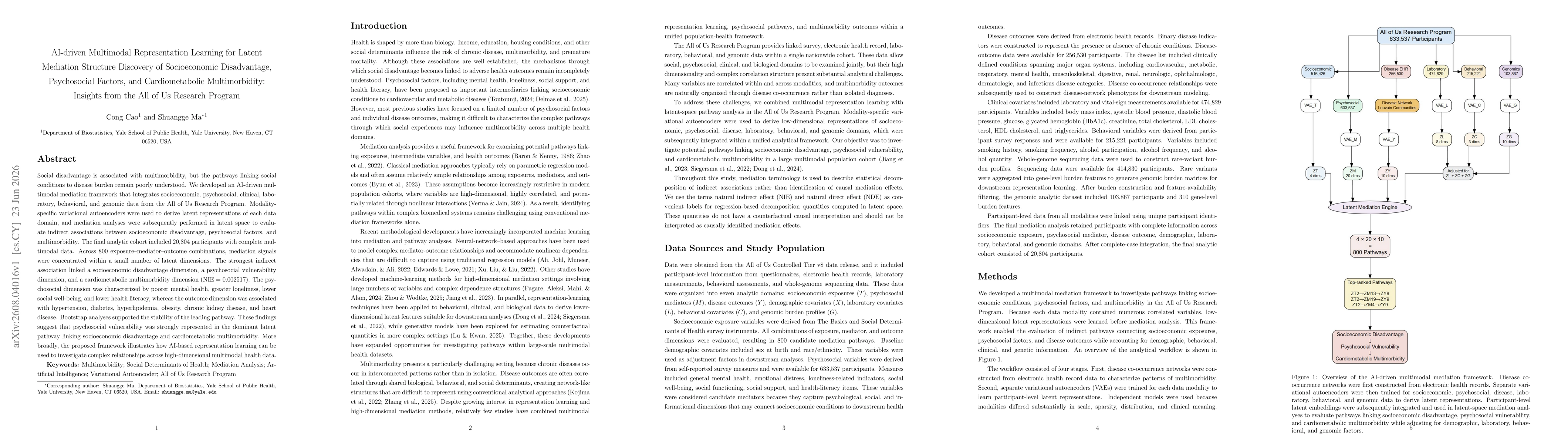 Thumbnail for AI-driven Multimodal Representation Learning for Latent Mediation Structure Discovery of Socioeconomic Disadvantage, Psychosocial Factors, and Cardiometabolic Multimorbidity: Insights from the All of Us Research Program