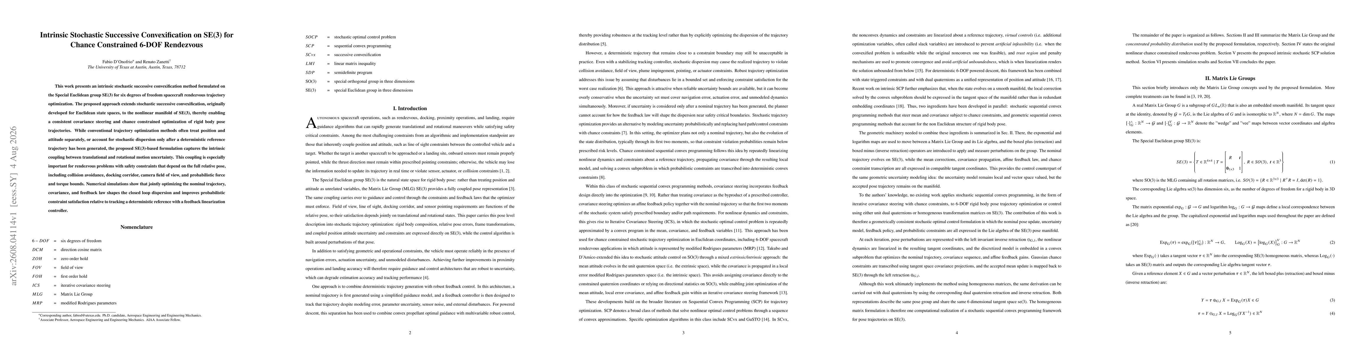 Thumbnail for Intrinsic Stochastic Successive Convexification on SE(3) for Chance Constrained 6-DOF Rendezvous