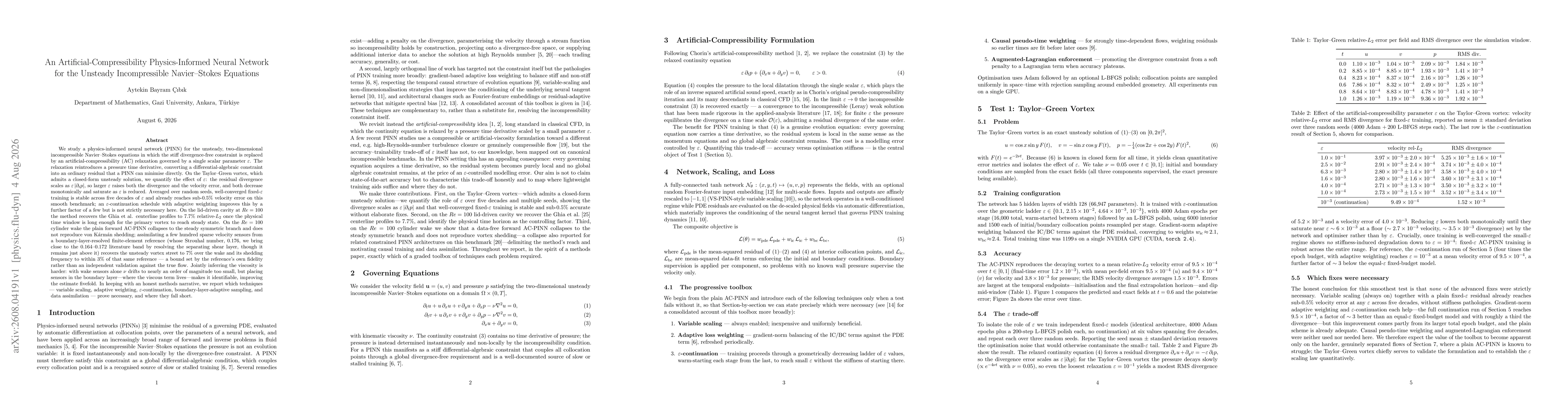 Thumbnail for An Artificial-Compressibility Physics-Informed Neural Network for the Unsteady Incompressible Navier--Stokes Equations