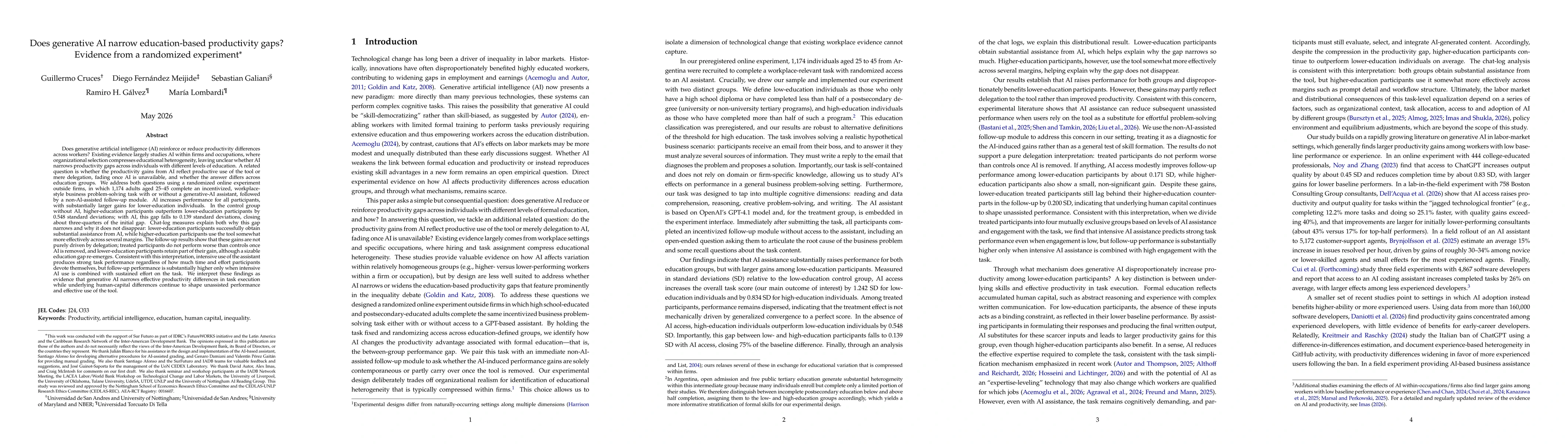 Thumbnail for Does generative AI narrow education-based productivity gaps? Evidence from a randomized experiment
