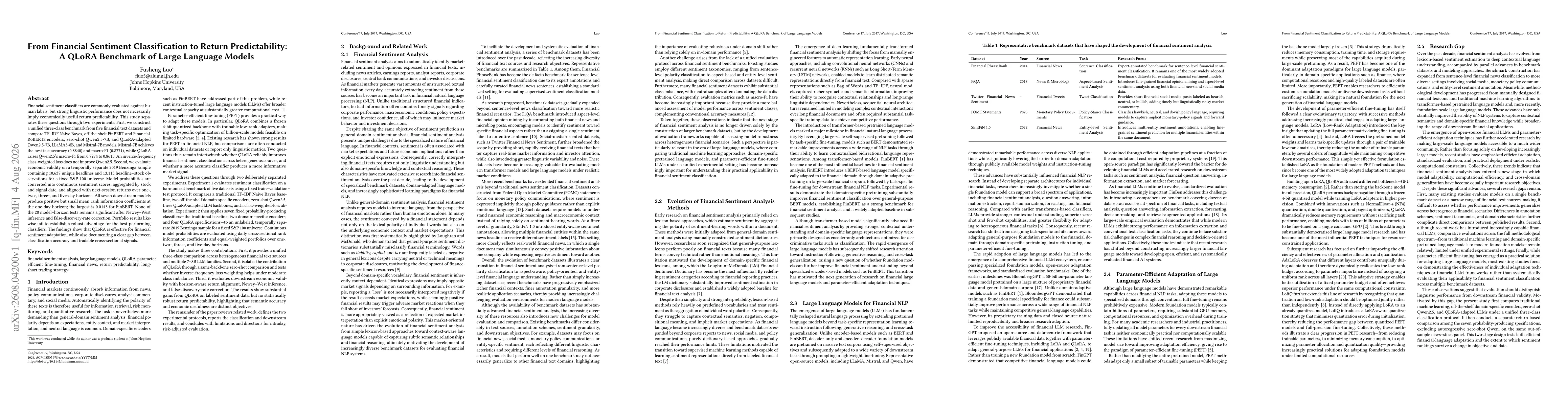 Thumbnail for From Financial Sentiment Classification to Return Predictability: A QLoRA Benchmark of Large Language Models