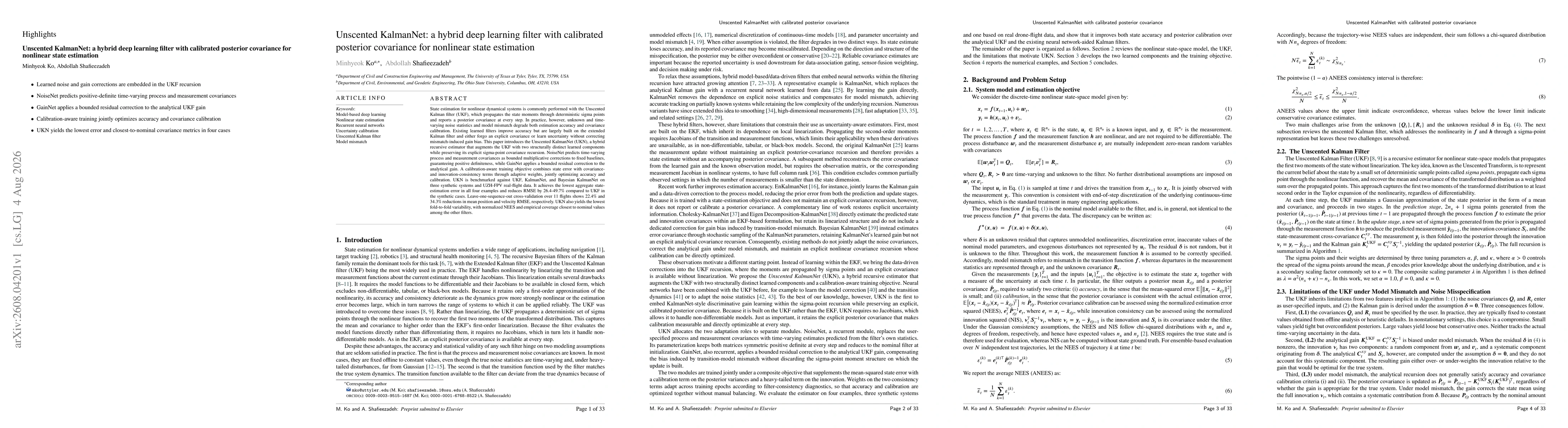 Thumbnail for Unscented KalmanNet: a hybrid deep learning filter with calibrated posterior covariance for nonlinear state estimation