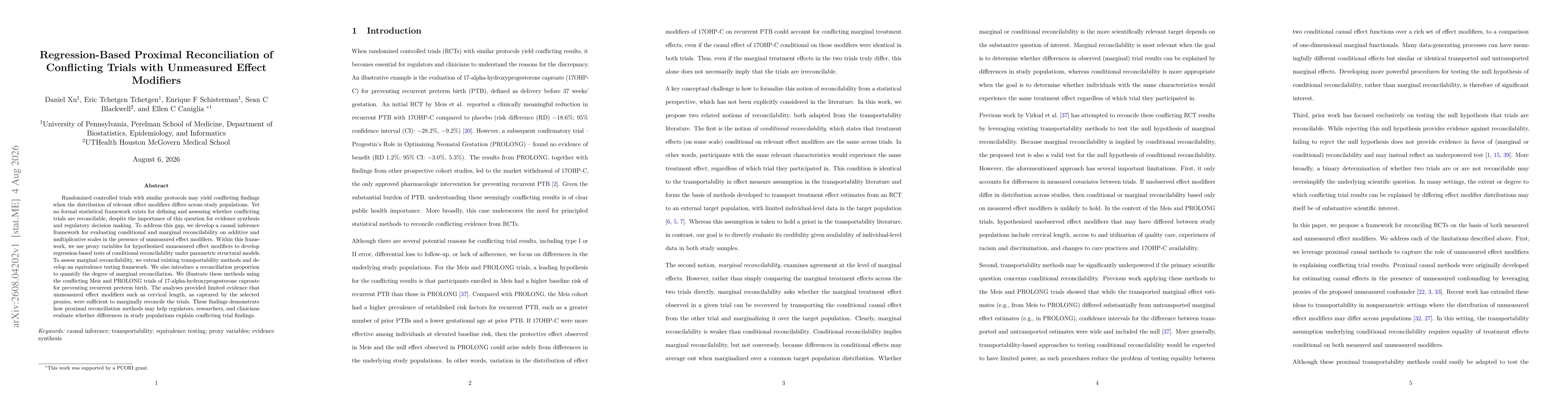 Thumbnail for Regression-Based Proximal Reconciliation of Conflicting Trials with Unmeasured Effect Modifiers