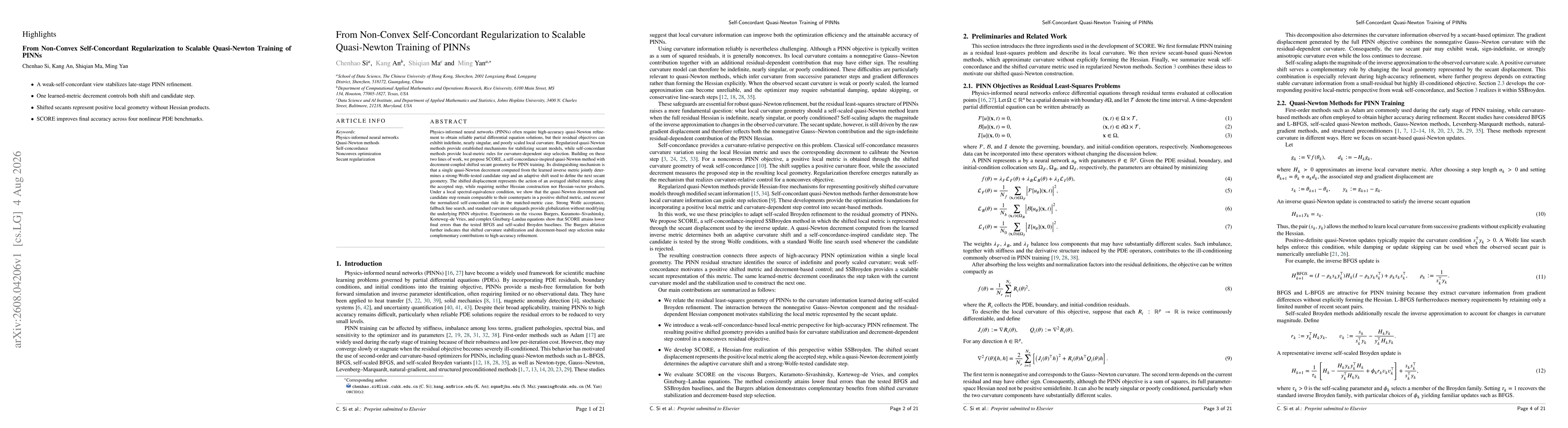 Thumbnail for From Non-Convex Self-Concordant Regularization to Scalable Quasi-Newton Training of PINNs
