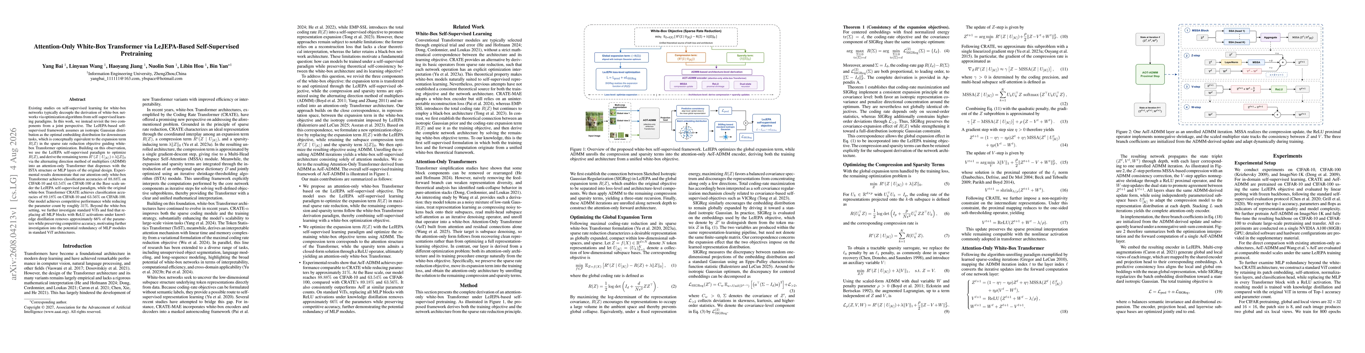 Thumbnail for Attention-Only White-Box Transformer via LeJEPA-Based Self-Supervised Pretraining