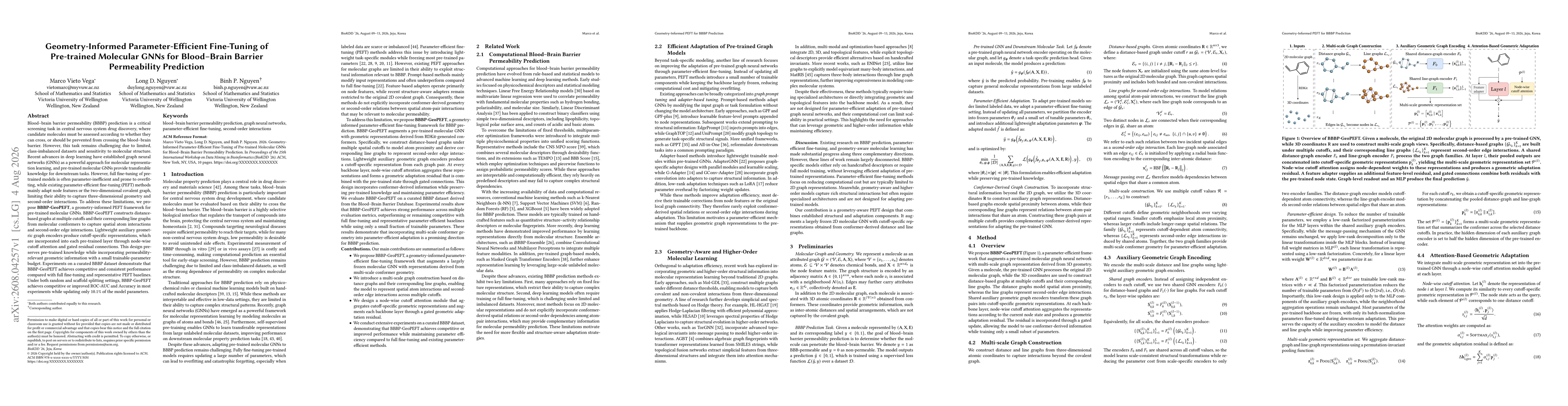 Thumbnail for Geometry-Informed Parameter-Efficient Fine-Tuning of Pre-trained Molecular GNNs for Blood-Brain Barrier Permeability Prediction