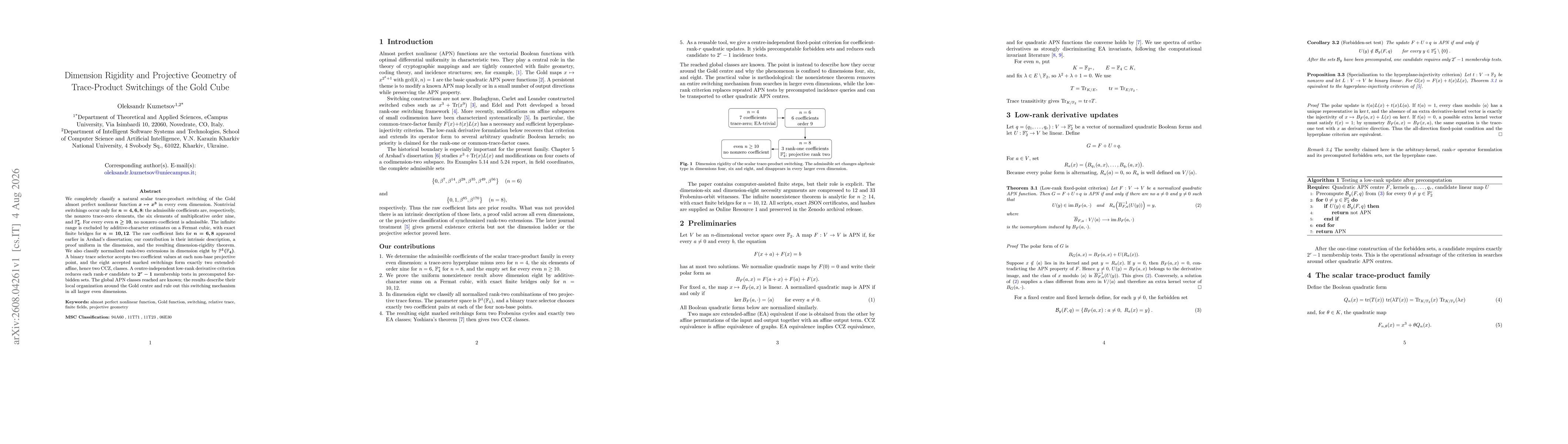 Thumbnail for Dimension Rigidity and Projective Geometry of Trace-Product Switchings of the Gold Cube