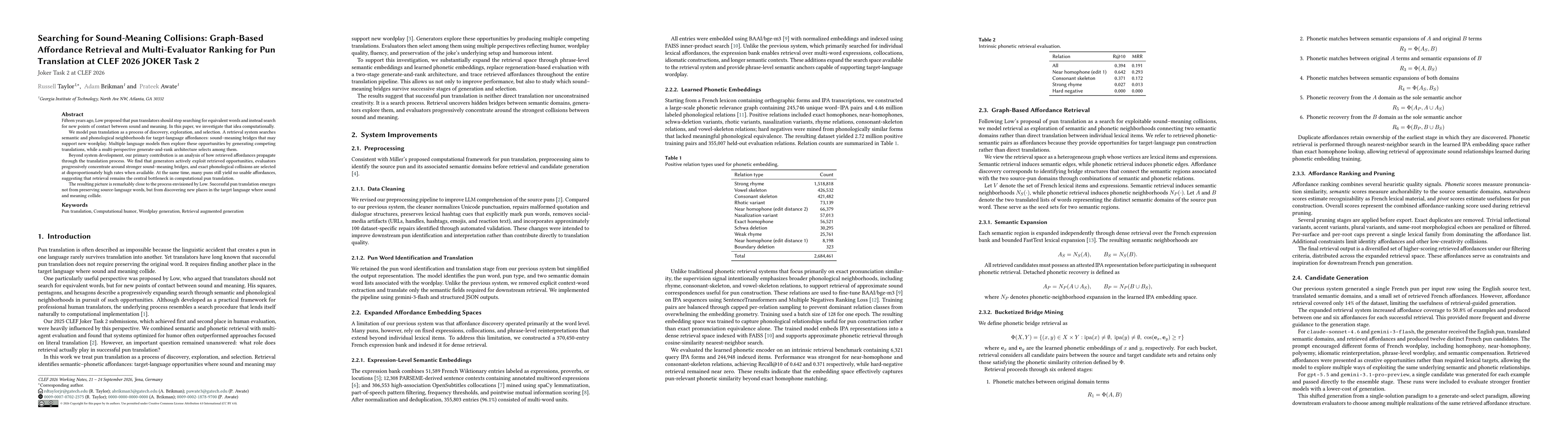 Thumbnail for Searching for Sound-Meaning Collisions: Graph-Based Affordance Retrieval and Multi-Evaluator Ranking for Pun Translation at CLEF 2026 JOKER Task 2