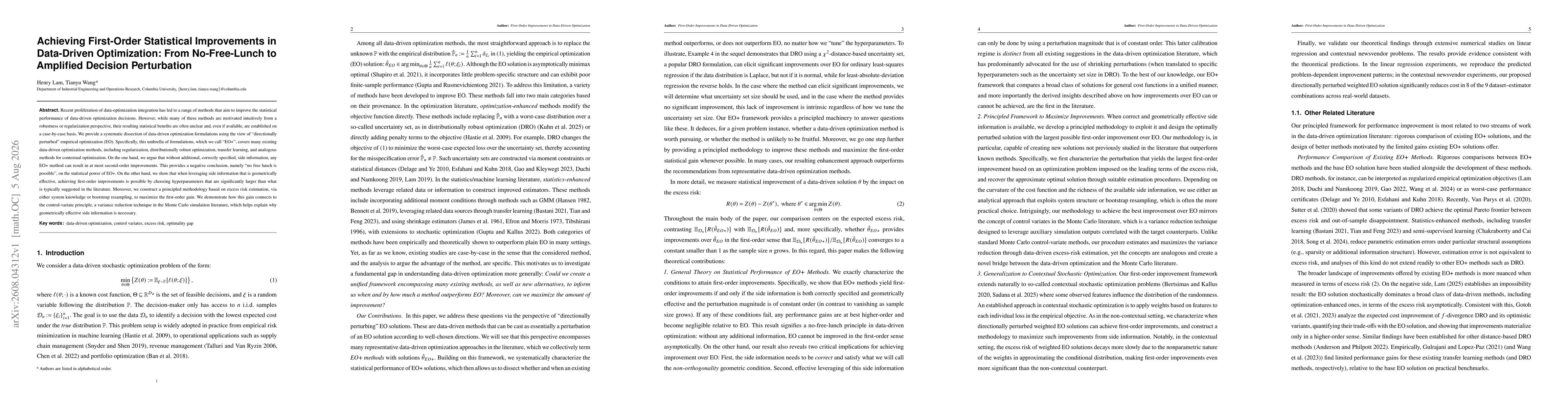 Thumbnail for Achieving First-Order Statistical Improvements in Data-Driven Optimization: From No-Free-Lunch to Amplified Decision Perturbation