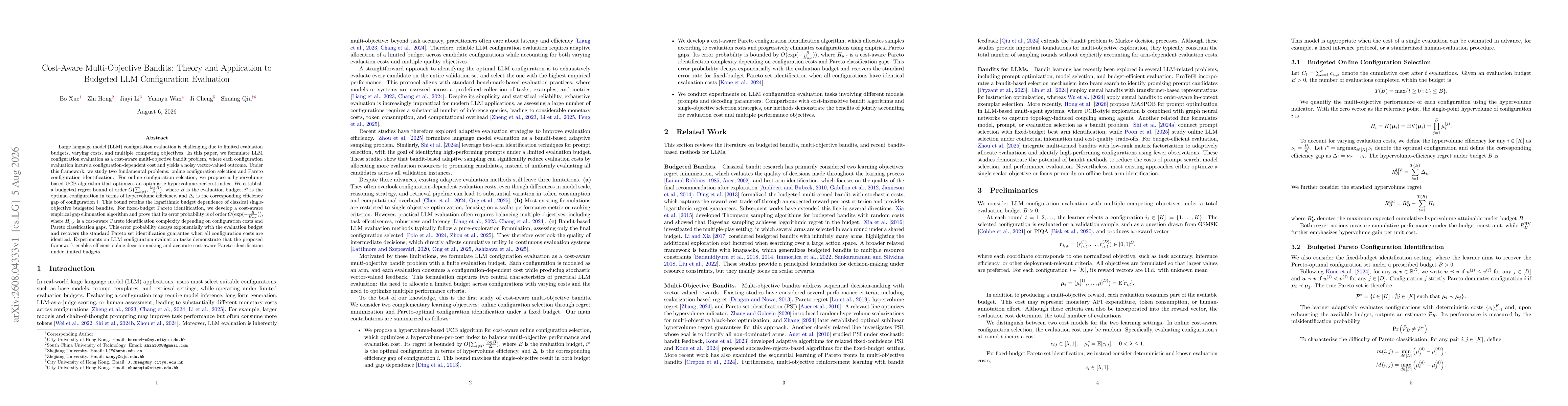 Thumbnail for Cost-Aware Multi-Objective Bandits: Theory and Application to Budgeted LLM Configuration Evaluation