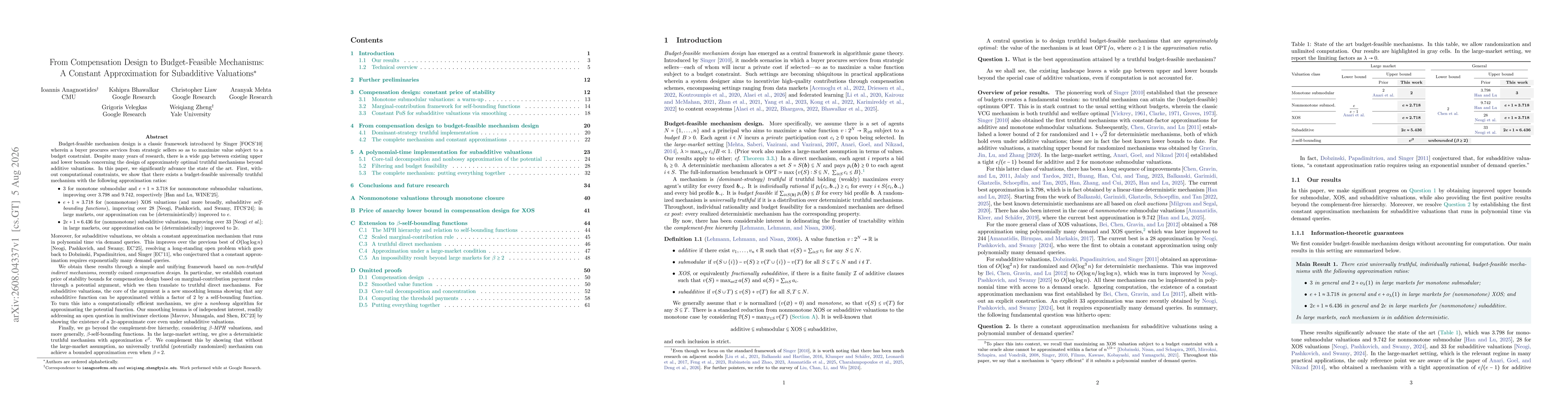 Thumbnail for From Compensation Design to Budget-Feasible Mechanisms: A Constant Approximation for Subadditive Valuations