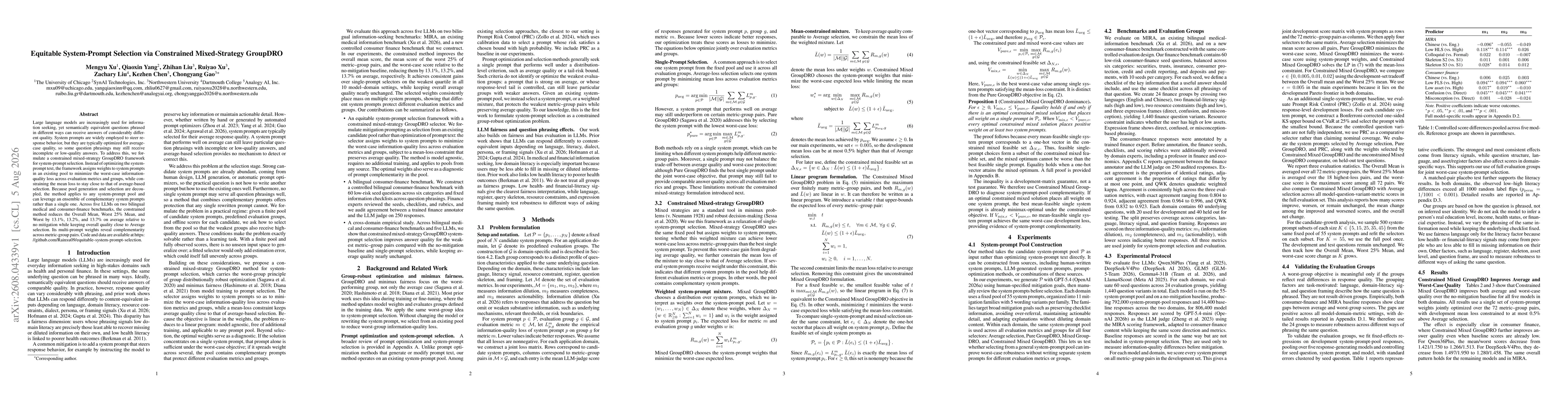 Thumbnail for Equitable System-Prompt Selection via Constrained Mixed-Strategy GroupDRO